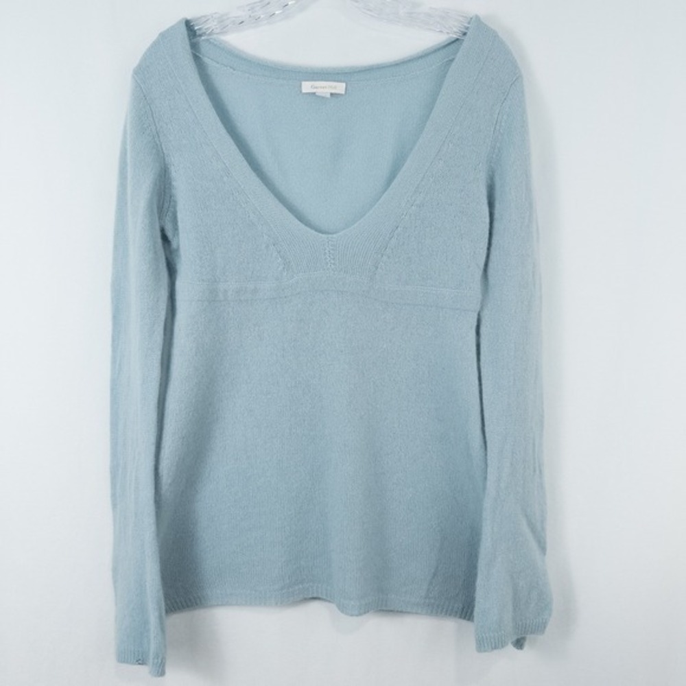 Garnet Hill Cashmere Babydoll Plunge Neck Sweater Womens Small Light Blue FLAWED